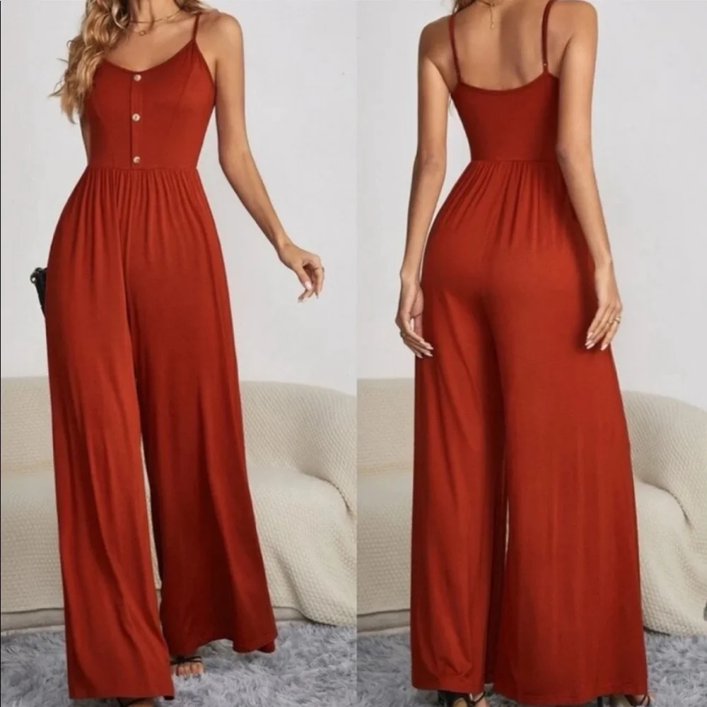 Boho button detail spaghetti straps Wide Leg jumpsuit GREEN - Picture 3 of 15